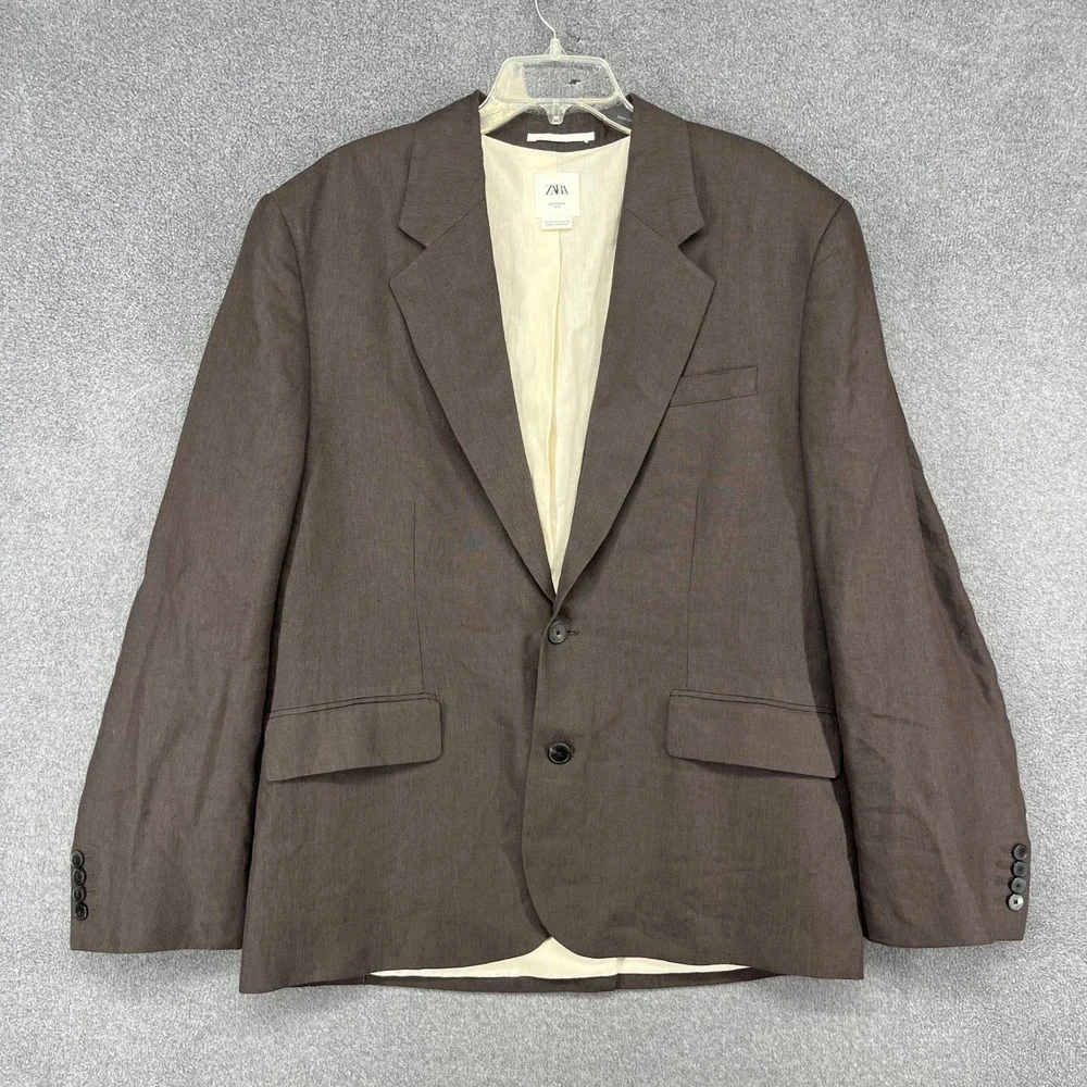 Zara Blazer Mens 42 Brown Linen Blend SS25 Two Button Notch Lapel Sport Coat